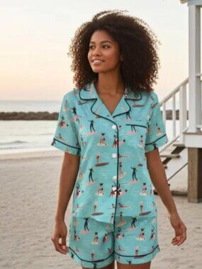 NWOT Berry Jane Aqua Surf Coastal Chic Print Short Pajama Set- Size XL